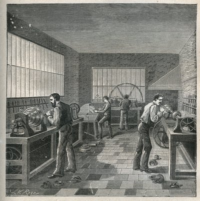 Konsten att svarv: metallarbete i en verkstad av en vändare-repeller. Gravyr från 1885 i "" Les arts et metiers illustres"" av Adolphe BITARD. av Unknown artist