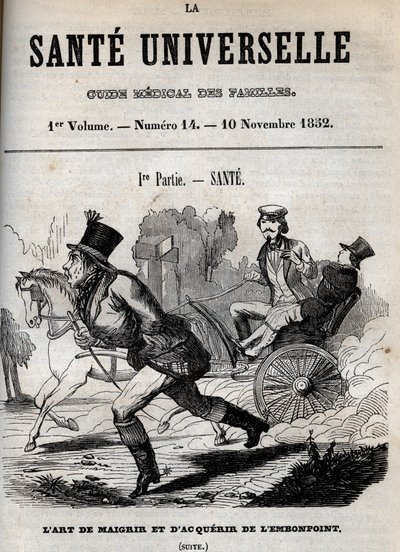 Konsten att gå ner i vikt och bli överviktig: en man går medan en annan transporteras i en vagn - gravering i "La Sante Universelle - Guide Medical des Familles"" 1852 av Unknown artist