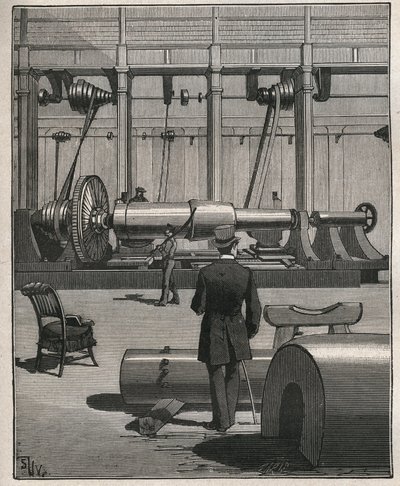Konsten att resa: skjuta en monsterkanon av stål. Gravyr från 1885 i "" Les arts et metiers illustres"" av Adolphe BITARD. av Unknown artist