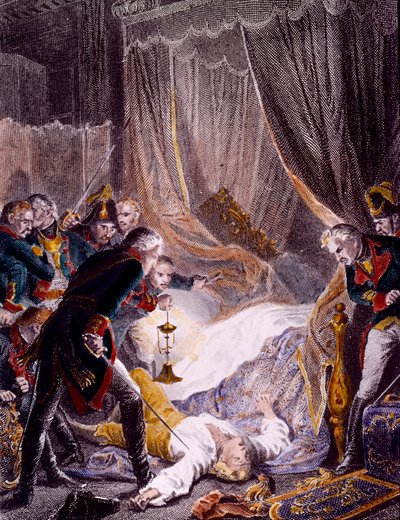 Mordet på Paul I Petrovich (1754-1801), rysk tsar i hans rum på Sankt Mikaels palats efter att ha tvingats skriva under sin abdikation. Gravyr omkring 1801. Privat samling av Unknown artist