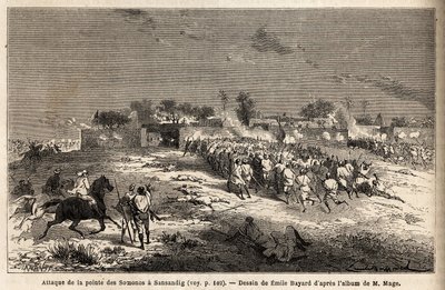 Attacken mot Sansandig av kung Ahmadou (Toucouleur), dit flydde Bambara tog sin tillflykt. Gravyr för att illustrera resan till västra Sudan av löjtnant (marinen) M. Mage, 1863-1866, publicerad i "Le tour du monde, nouveau journal des voyages", u av Unknown artist