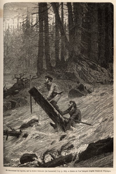 Författaren och hans resenär, Mcdonald, tar sig ner för forsen på Nittinahtfloden (Vancouver Island) på en provisorisk flotte. Gravyr för att illustrera resan och äventyren i engelska Colombia, Vancouver Island och Alaska, av Frederick Whymper av Unknown artist