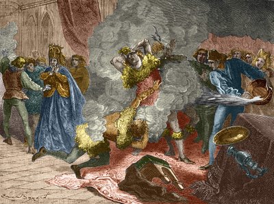 De ivriga eller vildarnas boll: i samband med bröllopet av en dam av Isabeau (Isabella, Elizabeth) från Bayern den 28 januari 1393, förklädde sig kungen och kedjade fast sig vid fyra andra hovmän. Hans bror, hertigen av Orlé av Unknown artist