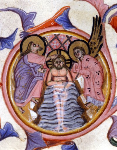 Kristi dop i Jordan av Johannes Döparen - efter en miniatyr av ett 1300-talsmanuskript. av Unknown artist