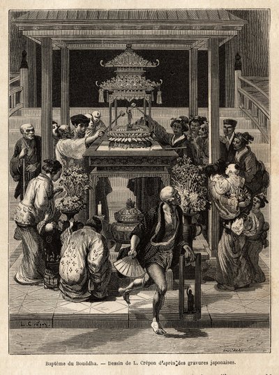 Buddhas dop, en årlig högtid som äger rum den 8:e dagen i den 4:e månaden, vattnar hängivna bronsstatyn av Buddha som exponeras för tillfället framför templen. Gravyr för att illustrera resan till Japan, av Aime Humbert, min av Unknown artist