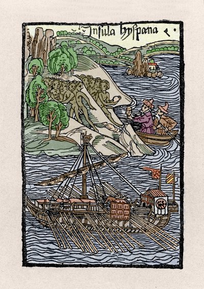 Barken vid Hispaniola av Christopher Columbus (1451-1506). Gravyr från "" De insulis in mare Indico super inventis"", Bale 1493-1494 (latinsk översättning av Columbus rapport till kungen av Spanien). av Unknown artist
