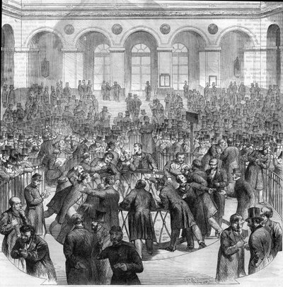 Korgen med bytesagenter, på Parisbörsen 1865. Gravyr efter teckning av M.G. Roux av Unknown artist