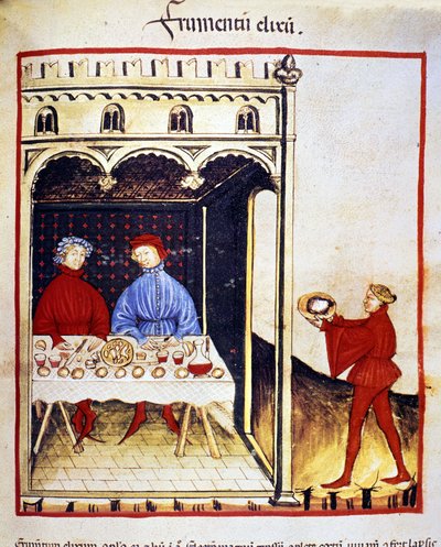 Fördelarna med vete: en brödbaserad måltid. Belysning från mjölkning av medicin och diet "" Tacuinum sanitatis"" av Unknown artist