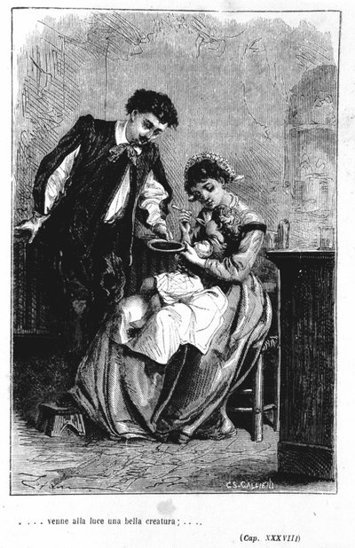 The Birth of the Son of Renzo and Lucia - i "" The Fiancés"" (I Promised Sposi) av Manzoni av Unknown artist