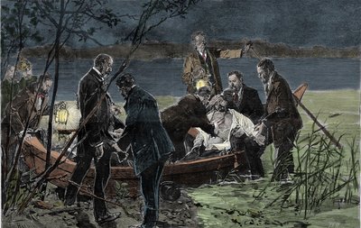 Kroppen av Ludvig (Ludwig) II av Baviere Wittelsbach (1845-1886) fynd drunknad med Dr Gudden i sjön Starnberg nära Bergs slott i juni 1886 Gravyr av Unknown artist