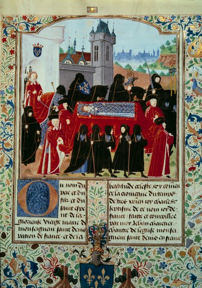 Kroppen av den avlidne kung Karl VI (1368-1422) bärs bort, bakom processionen den nye kung Karl VII (1403-1461) miniatyren 22/10/1422 från manuskriptet "" Chronicles of Charles VII"" (Ms. . fr. 2691) av Jean Chartier av Unknown artist