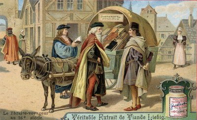 Bokhandlaren och hans resande bokhandel på 1500-talet. Kromolitografi, Liebig-bild. av Unknown artist