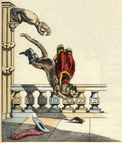 Stövelkatten har bett ogren att förvandlas till en mus och hoppar för att sluka den. Illustration av Charles Perraults berättelse "Le chat botte" av Unknown artist