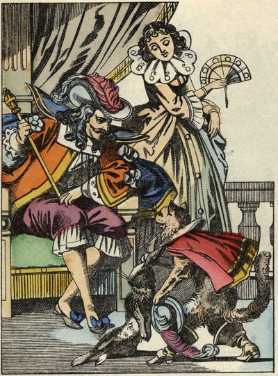 Stövelkatten erbjuder kaninen till kungen från sin herre, markisen de Carabas. Illustration av berättelsen "The cat botte" av Charles Perrault av Unknown artist