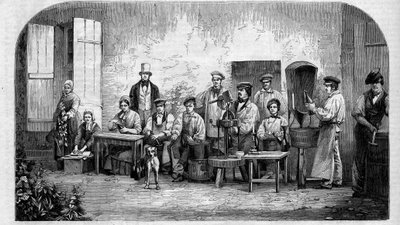 Buteljering av champagnevin. Gravyr från 1864. av Unknown artist
