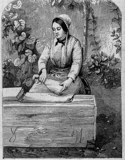 Buteljering av champagnevin. Gravyr från 1864. av Unknown artist