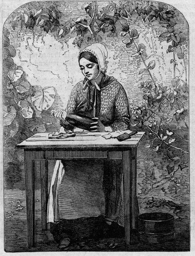 Buteljering av champagnevin. Gravyr från 1864. av Unknown artist