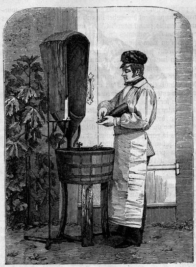 Buteljering av champagnevin. Gravyr från 1864. av Unknown artist