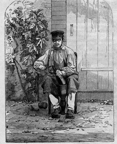 Buteljering av champagnevin. Gravyr från 1864. av Unknown artist