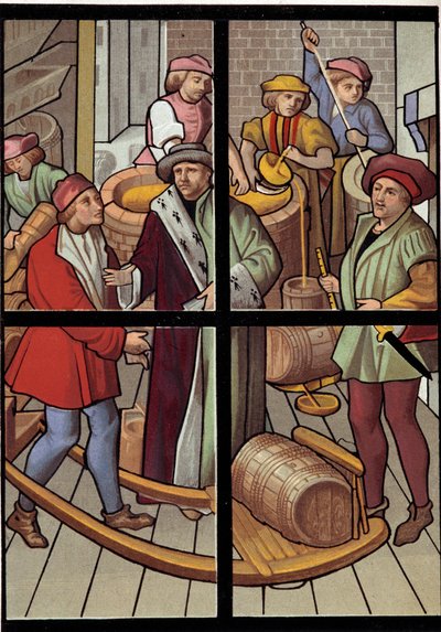 Bryggarna. Litografi från ett målat glasfönster i katedralen i Tournai från 1400-talet. 1800-talet. Paris, dekorativ konst av Unknown artist