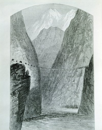 Bron över floden Apurimac, gravering. Peru av Unknown artist