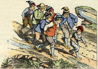 Bröderna följer Lilla Poulet som sådde vita småsten på vägen. Illustration av berättelsen "" Le Petit Poucet"" av Charles Perrault av Unknown artist