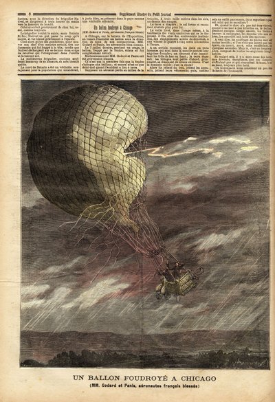 Ballongen (fångad ballong) av de franska herrarna Godard och Panis, offer för en olycka orsakad av stormen den 7 juli, på marken för världsutställningen i Chicago, i full flygning, ballongen träffades och träffades, vilket skadade två flygare gr av Unknown artist