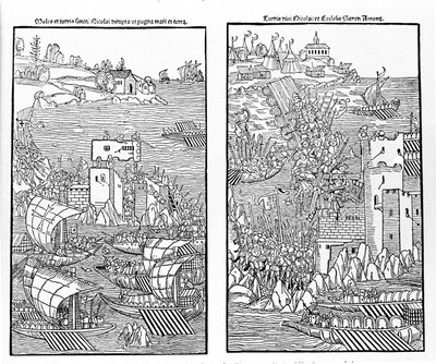 Infångandet av Rhodos av turkarna 1522. Turkarna attackerar fästningen St. Nicholas. Xylografi. av Unknown artist