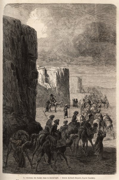 Karavanen för Hajis (muslimska peleriner) i Korantaghi (Persien, Iran). Teckning av Emile Bayard (1837-1891), för att illustrera resan till Centralasien, 1863, av Arminius Vambery (ungersk vetenskapsman förklädd i dervisch). Gravyr i "" Le tour du mond av Unknown artist