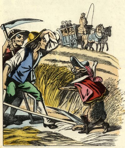 Katten tvingar bönderna att säga att fältet där de klipper vetet tillhör markisen de Carabas. Illustration av berättelsen "The cat botte" av Charles Perrault av Unknown artist
