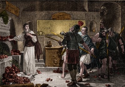 Katakomberna i Rom användes för att begrava kristna martyrer under det första århundradet utan att stöta på några hinder från romarna. Omkring 257, under kejsar Valerianus regering, började förföljelser mot de döda och många kristna förföljdes och jagades av Unknown artist