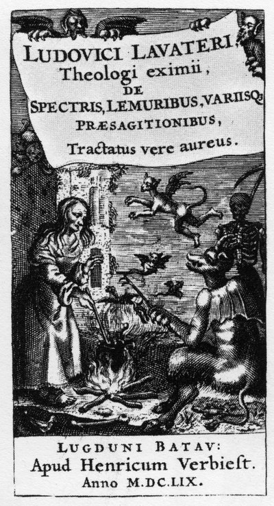 Häxans kittel - Frontispice av boken "" De spectris lemuribus et magnis "" av Ludwig Lavater (1527-1586) - 1659 av Unknown artist