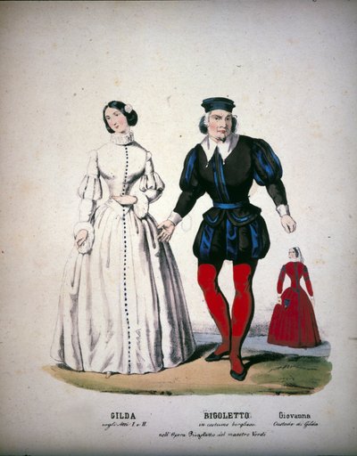 Karaktärerna av Gilda, Rigoletto och Giovanna i akt III i operan "" Rigoletto"" av den italienska kompositören Giuseppe Verdi (1813-1901) av Unknown artist