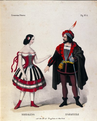 Karaktärerna av Maddalena och Sparafucile i akt III av operan "" Rigoletto"" av kompositören Giuseppe Verdi (1813-1901) av Unknown artist