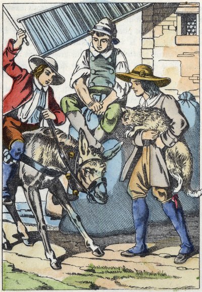 Barnen till föraren, som just dog, delar hans egendom: åsna, kvarn och katt. Illustration av berättelsen "The cat botte" av Charles Perrault av Unknown artist
