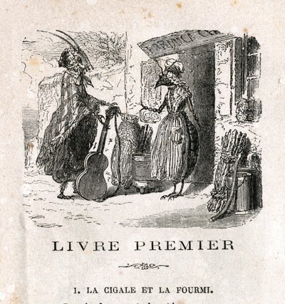 Cikadan och myran. Fabel av La Fontaine. 1800-talsgravyr. av Unknown artist