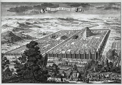 Babylons stadsmur som omger de hängande trädgårdarna och Babels torn - av Unknown artist
