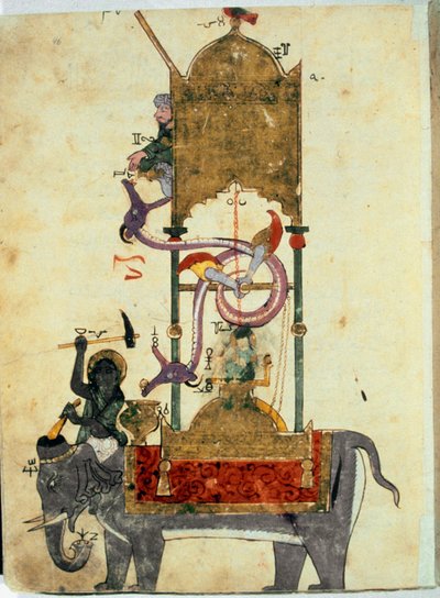 Clepsydran har elefanten Detta är en medeltida muslimsk uppfinning som består av en elefantformad vattenklocka designad av den turkiske ingenjören Ibn al-Rajjaj al-Jazari (Al Rajjaj Al Jazari) (1136-1206) omkring 1200. Uppfinning designad av turken. motor av Unknown artist