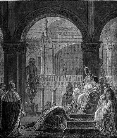 Konflikten mellan Frederic Barberousse (Federico Barbarossa) och påven Alexander III (Alexander, AlessandroIII) (1105-1181). Förnedring av kejsar Barberose vid Dogepalatset i Venedig 1177. Frederick Barbarossa Country Public Homage till påven Alexan av Unknown artist
