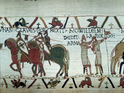 Erövringen av Bretagne av hertigen av Normandie Vilhelm Erövraren (1027-1087): till vänster tar hertigen emot nycklarna till staden Dinan, till höger gör han till riddare Harold, skickad av den engelske kungen Edward Bekännaren Detalj av gobelängen av av Unknown artist