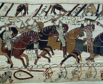 Englands erövring av armén av hertigen av Normandie Vilhelm Erövraren (1027-1087): Hertig Guillaume erkänns av sina soldater genom att lyfta sin hjälm under slaget vid Hastings. Detail of the Tapestry of Bayeux eller Broderi av drottning Mathild av Unknown artist
