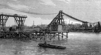Konstruktionen av Mirabeau-bron i Paris (1893): låsen ser ut som fundament (från ett fotografi). Gravyr i "" La Nature: revue des sciences et de leurs applications aux arts et a l