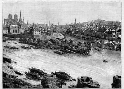 Byggandet av Pont Neuf i Paris passerar genom Square du Vert-Galant i slutet av Ile de la Cite. De första verken 1578. Gravyr i "" Le Monde illustrious"" av Unknown artist