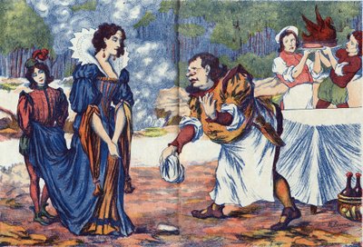 Kocken svarar prinsessan att han förbereder Riquets bröllopsfest. Anonym illustration för "" Riquet a la houppe", berättelse av Charles Perrault (1628-1703), fransk författare. Bildspråk Marcel Vagne, Jarville Nancy, odaterad (slutet av 1800-talet). av Unknown artist