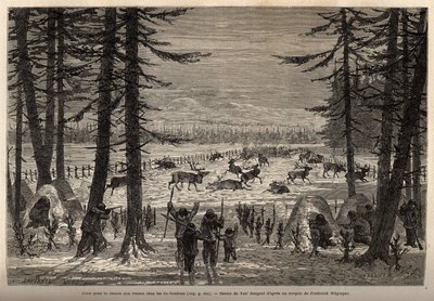 Korallen för renjakt i Co-Yukon (co-Yukon eller co-Youkouk) (indiansk stam i extrema norra Kanada). Gravyr för att illustrera resan och äventyren i engelska Colombia, Vancouver Island och Alaska, av Frederick Whymper av Unknown artist