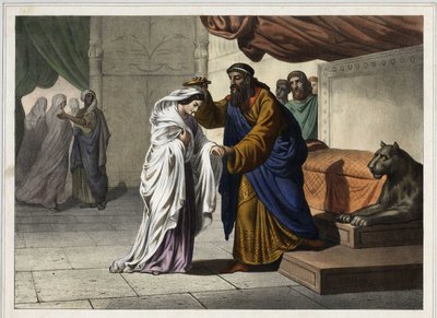 Esters kröning: Den persiske kungen Assuerus 1:a (Xerxes 1:a) kröner sin hustru Ester. Anonym gravyr från 1800-talet. av Unknown artist