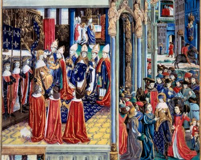 Kröningen av kung Saint Louis (Louis IX) (1214-1270) den 29/11/1226 i katedralen i Reims"" Miniatyr från ett manuskript "" Faktaboken Monsignor Saint Louis""" 1400-talet. Paris, B.N av Unknown artist