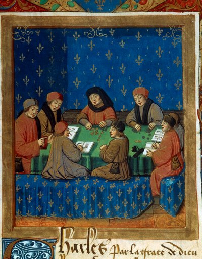 Räknarna till Royal Tresor Miniature tagna från en mjölkning på silver (troligen De Moneta) av Nicolas Oresme (1320-1382) av Unknown artist
