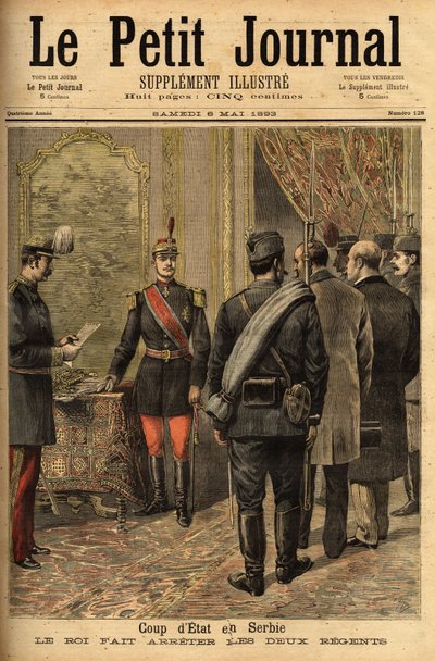 Statskuppen den 14/04/1893 av Alexander I Obrenovic (1876-1903) utropade hans majoritet och hade regenterna av Ristitch och Belimarkovich, såväl som alla ministrar i den tidigare regeringen. Gravyr i "" Le petit journal"" 1893-05-06. Selvas kolle av Unknown artist