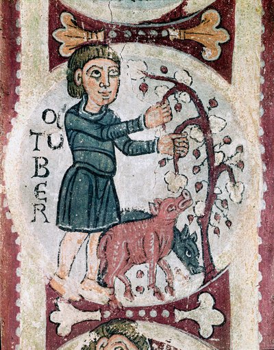 Månadernas cykel: oktober: samlingen av ekollon. Detalj av en fresk från 1100-talet från Royal Pantheon of the Real Colegiata of San Isidoro (Royal Collegiale of Saint Isidore). Leon. av Unknown artist